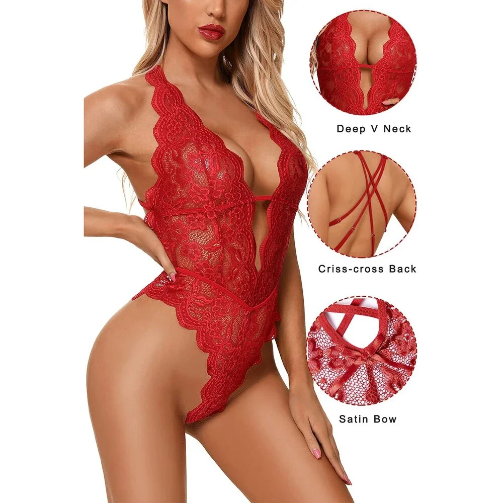 Aranmei Women's Red Sexy Lingerie Hollow Out Floral Lace Bodysuit One Piece M